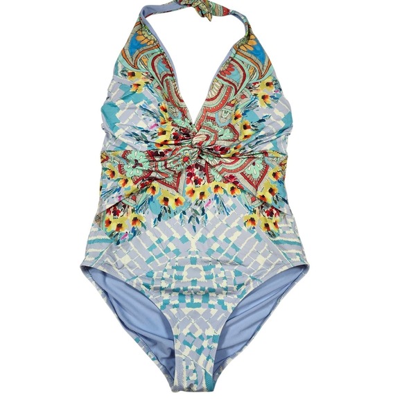 Johnny Was Floral Geometric Twist Front Halter One Piece Swimsuit Blue XL - Picture 2 of 6